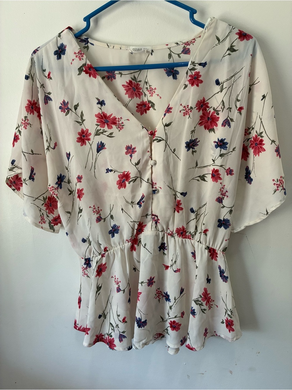 Sienna Sky White Peplum Blouse with Pink & Blue Floral Print